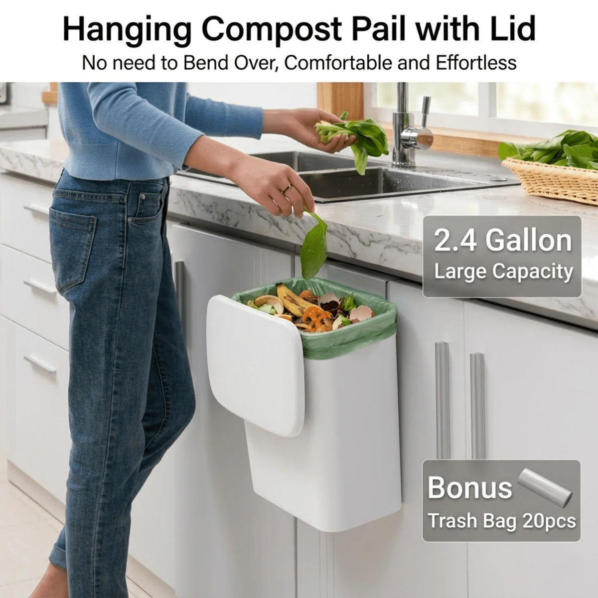 Kitchen Compost Bin Countertop & Wall-Mount Odor-Sealing Dual-Opening Lid