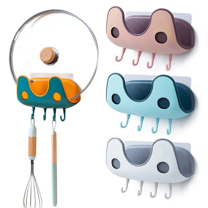 Kitchen Lid Organizer Wall-Mounted Adhesive 4 Utensil Hooks