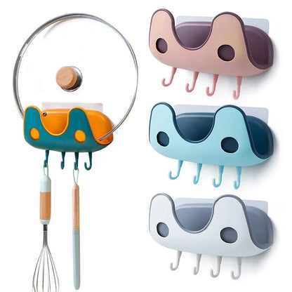 Kitchen Lid Organizer Wall-Mounted Adhesive 4 Utensil Hooks