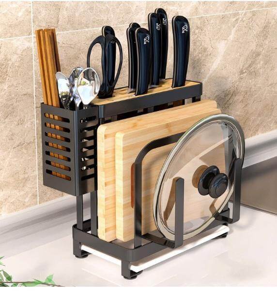 Kitchen Utensil Organizer Stainless Steel Ventilated Drying Rack Side Hooks