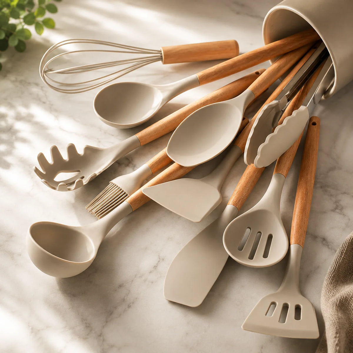 Kitchen Utensil Set Food-Grade Silicone Heads & Bamboo Handles 12-Piece