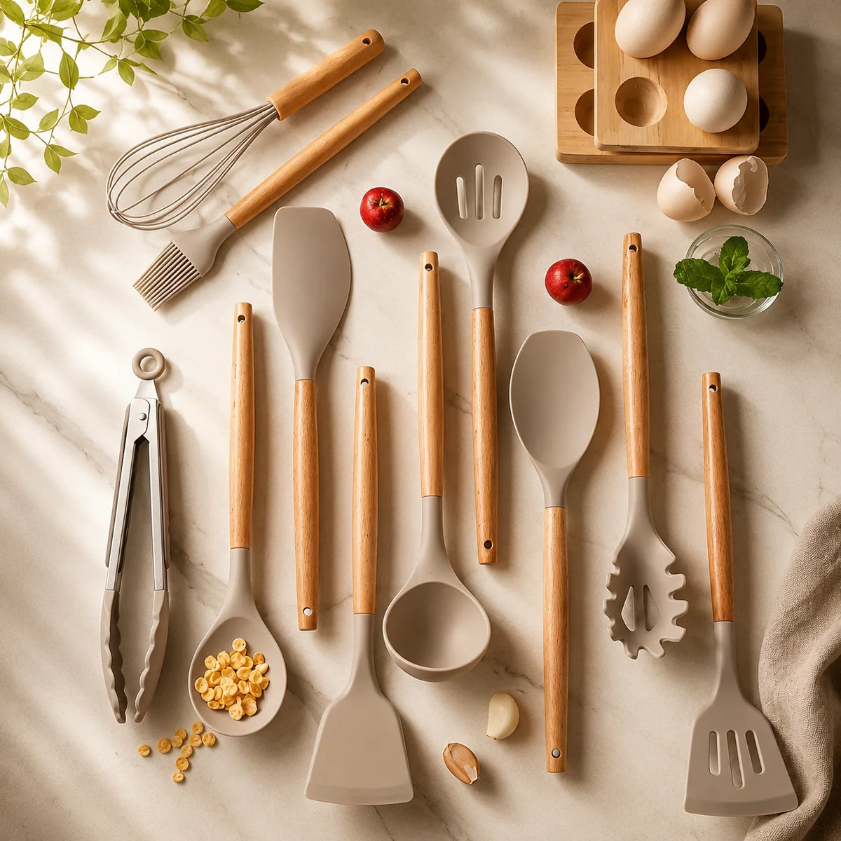 Kitchen Utensil Set Food-Grade Silicone Heads & Bamboo Handles 12-Piece