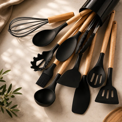 Kitchen Utensil Set Food-Grade Silicone Heads & Bamboo Handles 12-Piece