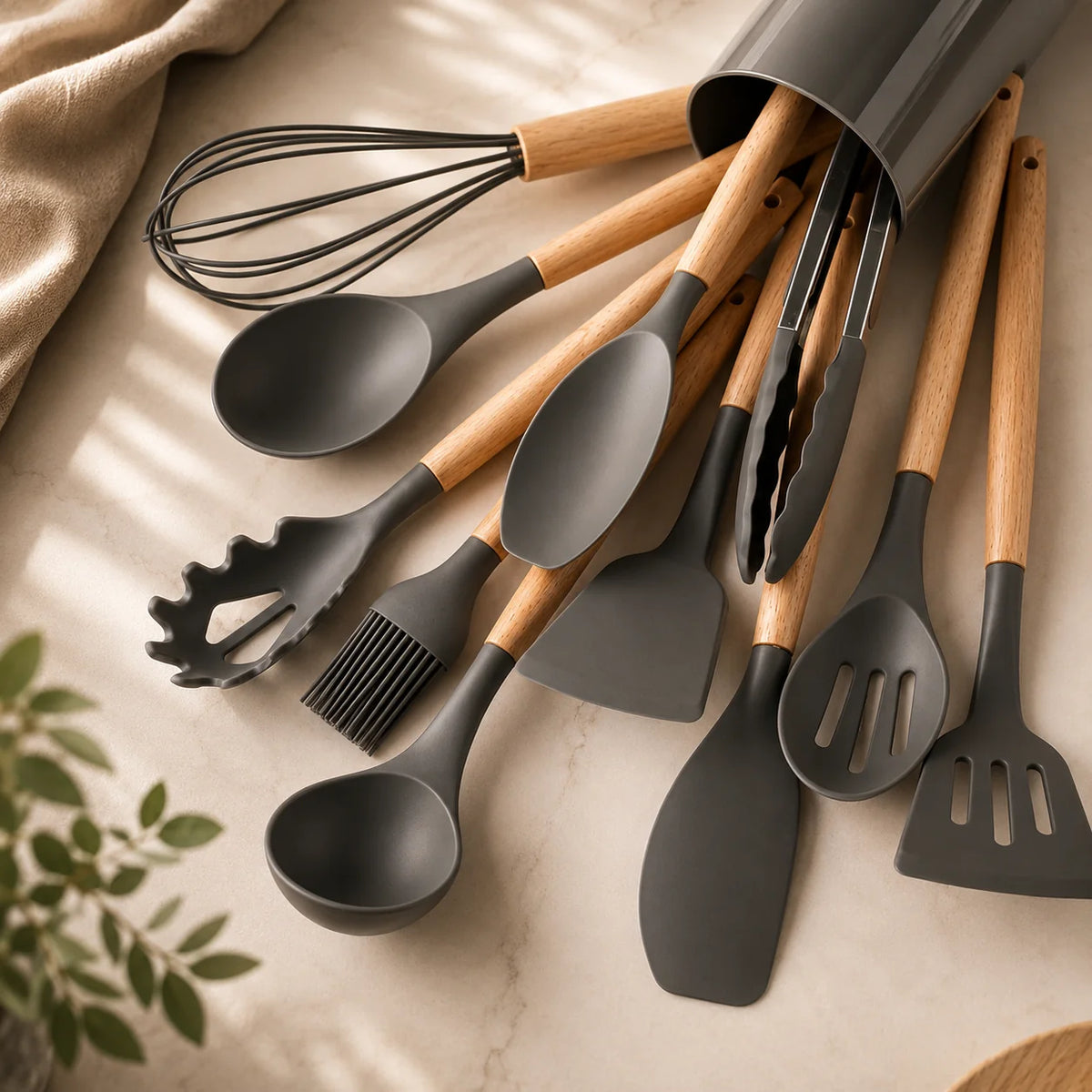 Kitchen Utensil Set Food-Grade Silicone Heads & Bamboo Handles 12-Piece