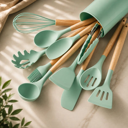 Kitchen Utensil Set Food-Grade Silicone Heads & Bamboo Handles 12-Piece