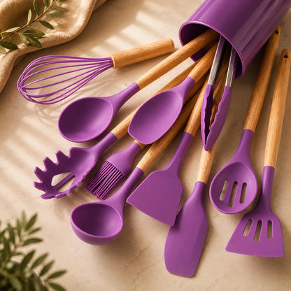Kitchen Utensil Set Food-Grade Silicone Heads & Bamboo Handles 12-Piece