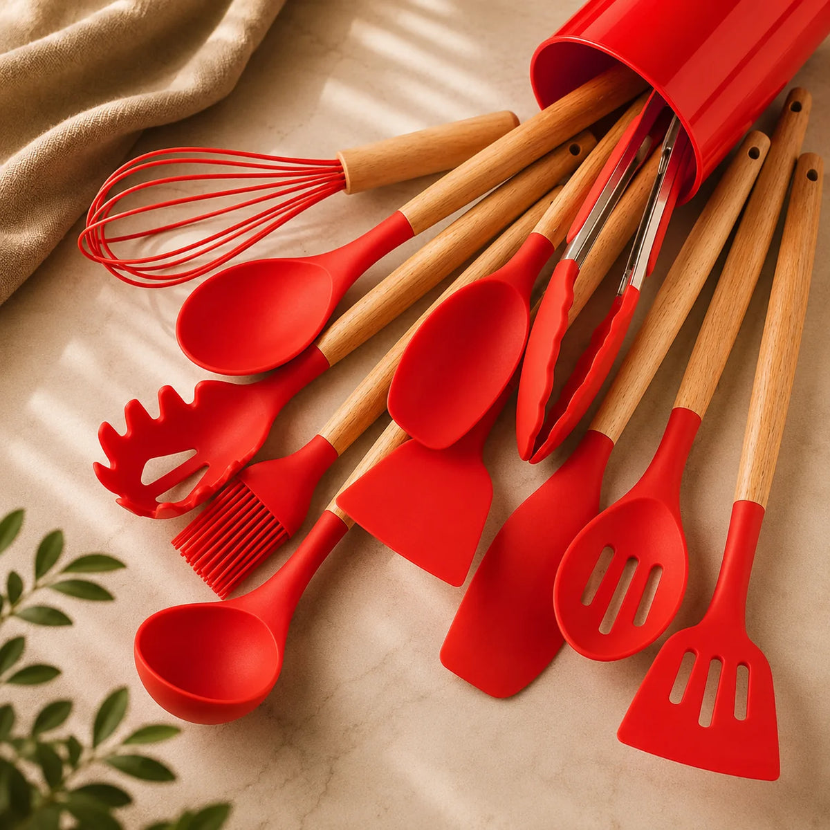 Kitchen Utensil Set Food-Grade Silicone Heads & Bamboo Handles 12-Piece