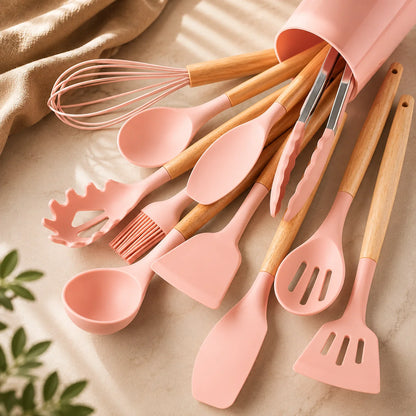 Kitchen Utensil Set Food-Grade Silicone Heads & Bamboo Handles 12-Piece