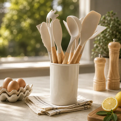 Kitchen Utensil Set Food-Grade Silicone Heads & Bamboo Handles 12-Piece