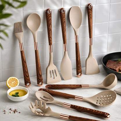 Kitchen Utensils Set Silicone Heads & Wood Handles