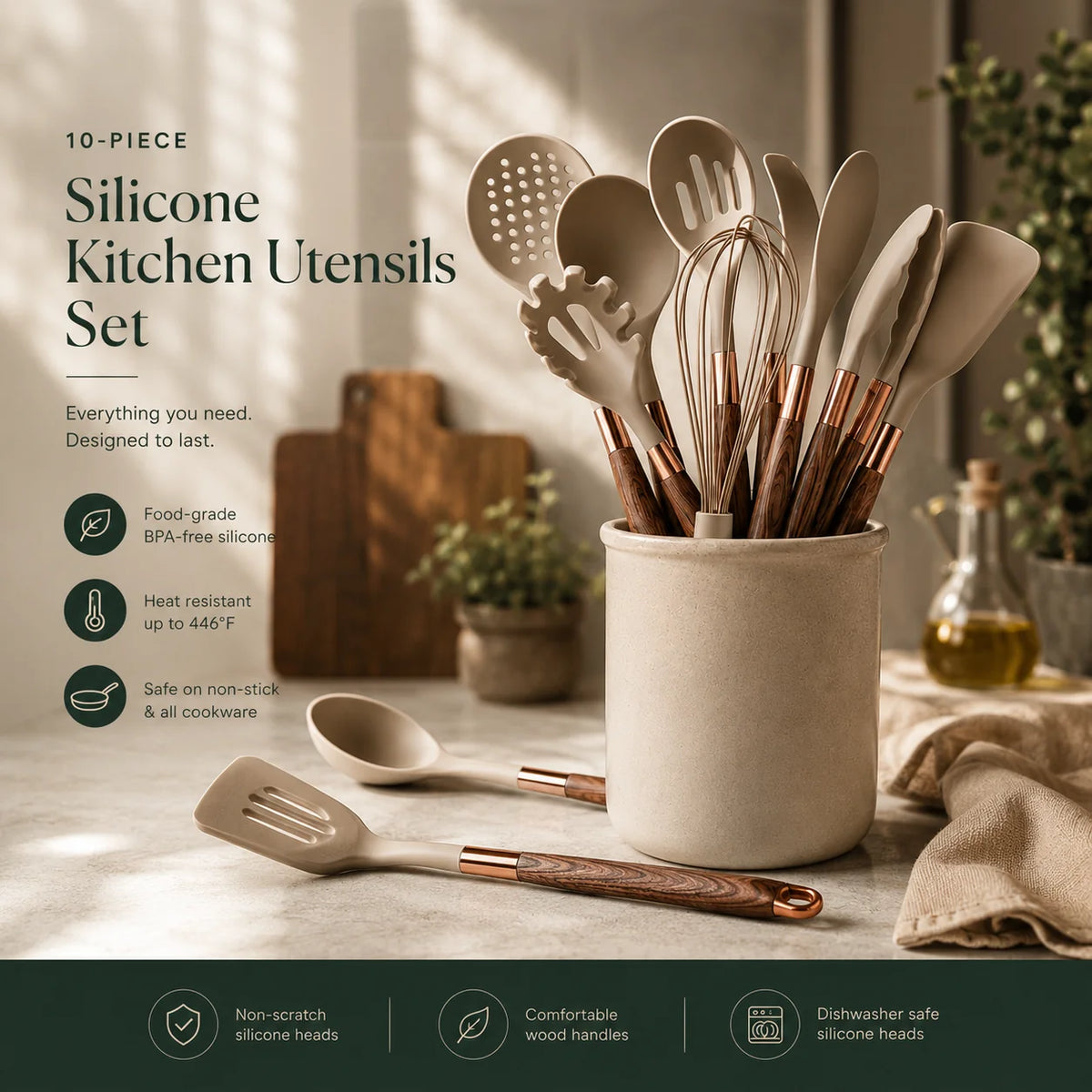 Kitchen Utensils Set Silicone Heads & Wood Handles