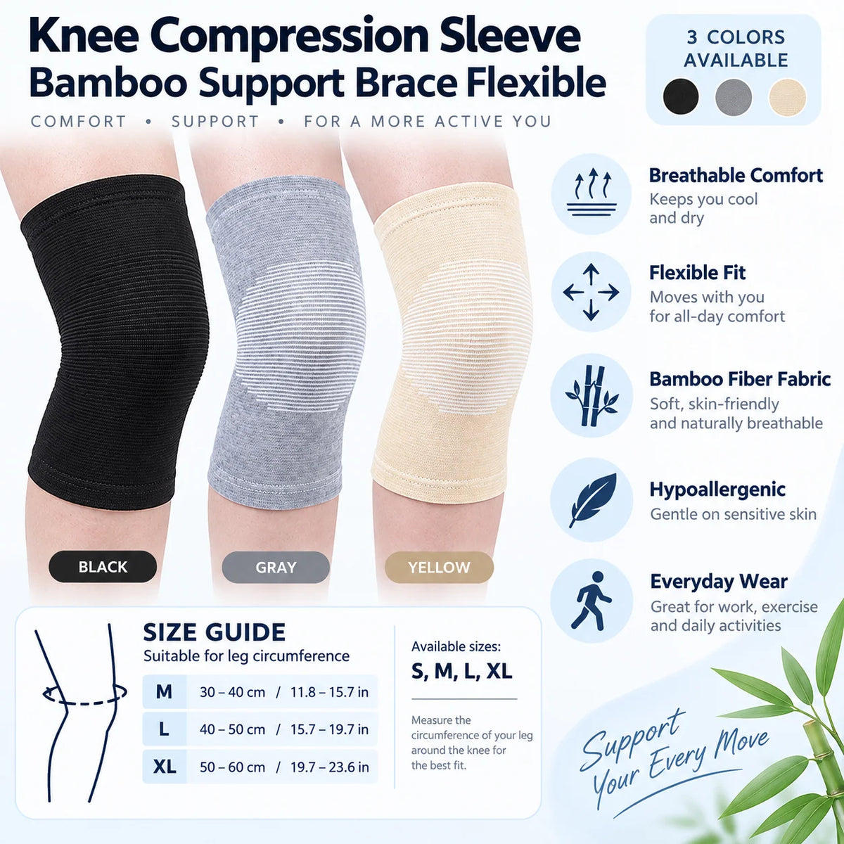Knee Compression Sleeve Bamboo Fabric Breathable Moisture-Wicking Flexible Support