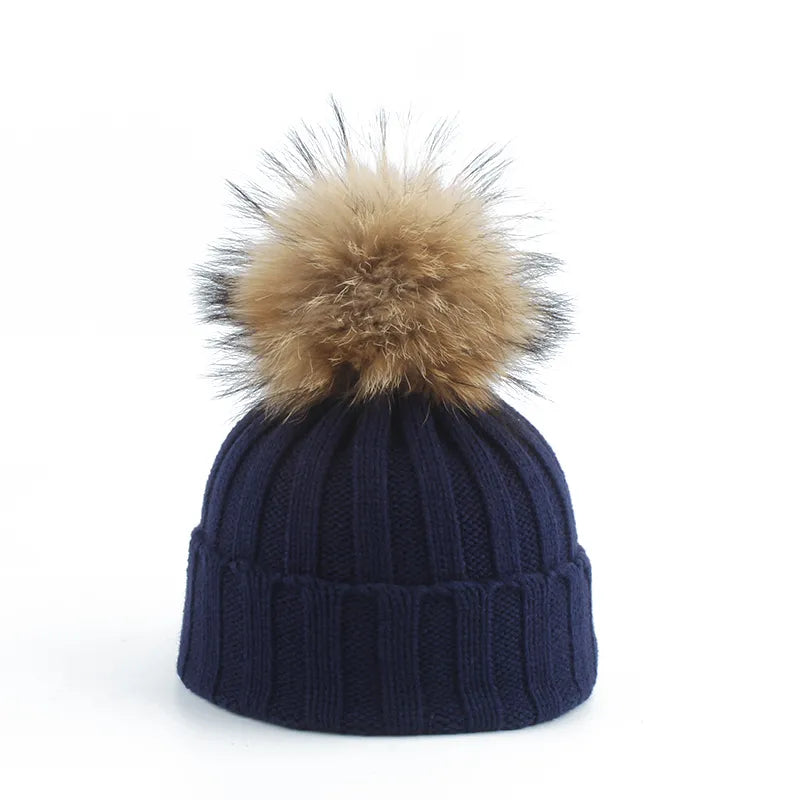 Knit Winter Beanie Faux Fur Pom Cotton Blend