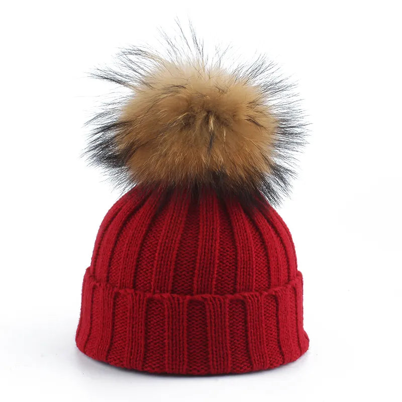 Knit Winter Beanie Faux Fur Pom Cotton Blend