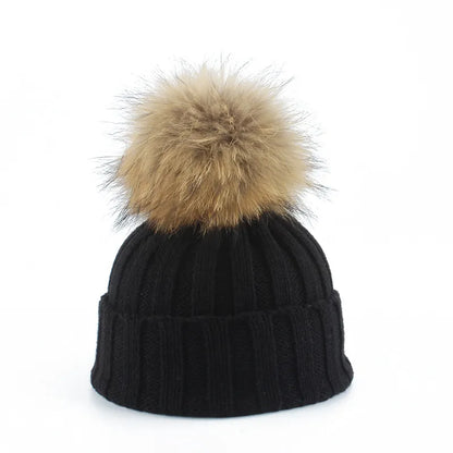 Knit Winter Hat Cotton Blend Oversized Faux Fur Pompom