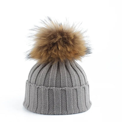Knit Winter Hat Cotton Blend Oversized Faux Fur Pompom