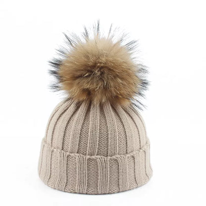 Knit Winter Hat Cotton Blend Oversized Faux Fur Pompom