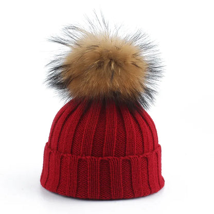 Knit Winter Hat Cotton Blend Oversized Faux Fur Pompom