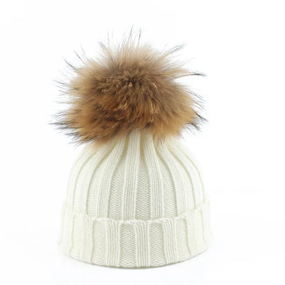 Knit Winter Hat Cotton Blend Oversized Faux Fur Pompom