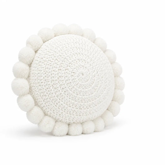 Knitted Round Throw Pillow With Pom-Pom Trim