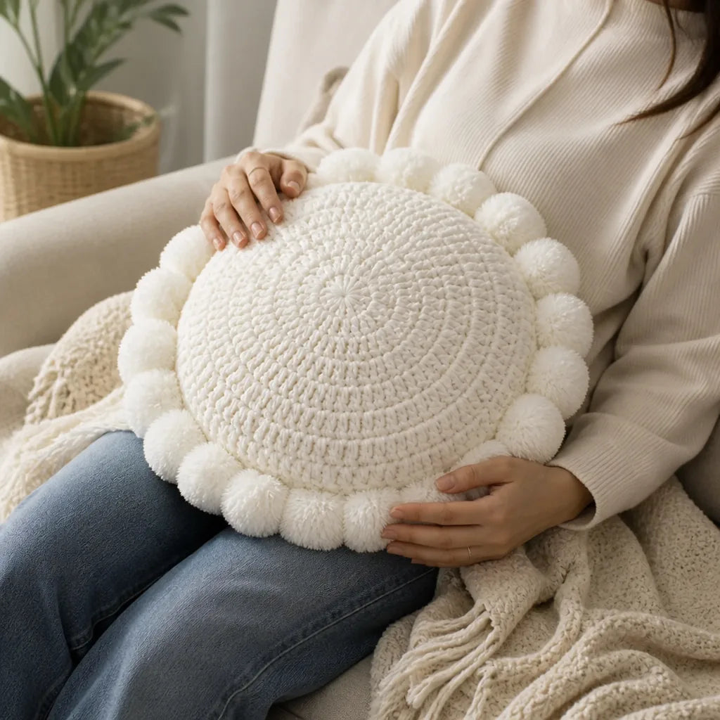 Knitted Round Throw Pillow With Pom-Pom Trim