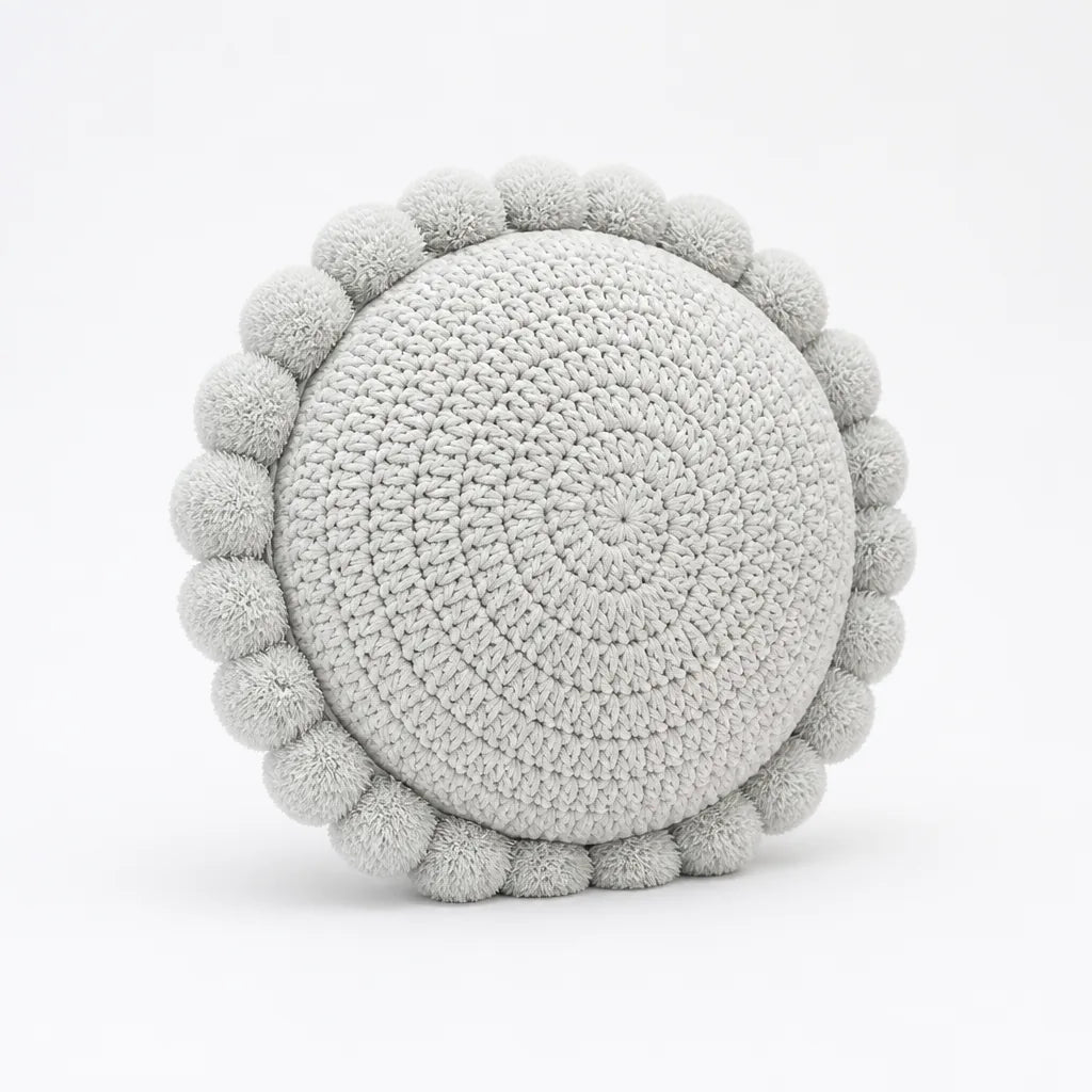 Knitted Round Throw Pillow With Pom-Pom Trim