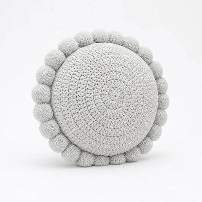 Knitted Round Throw Pillow With Pom-Pom Trim