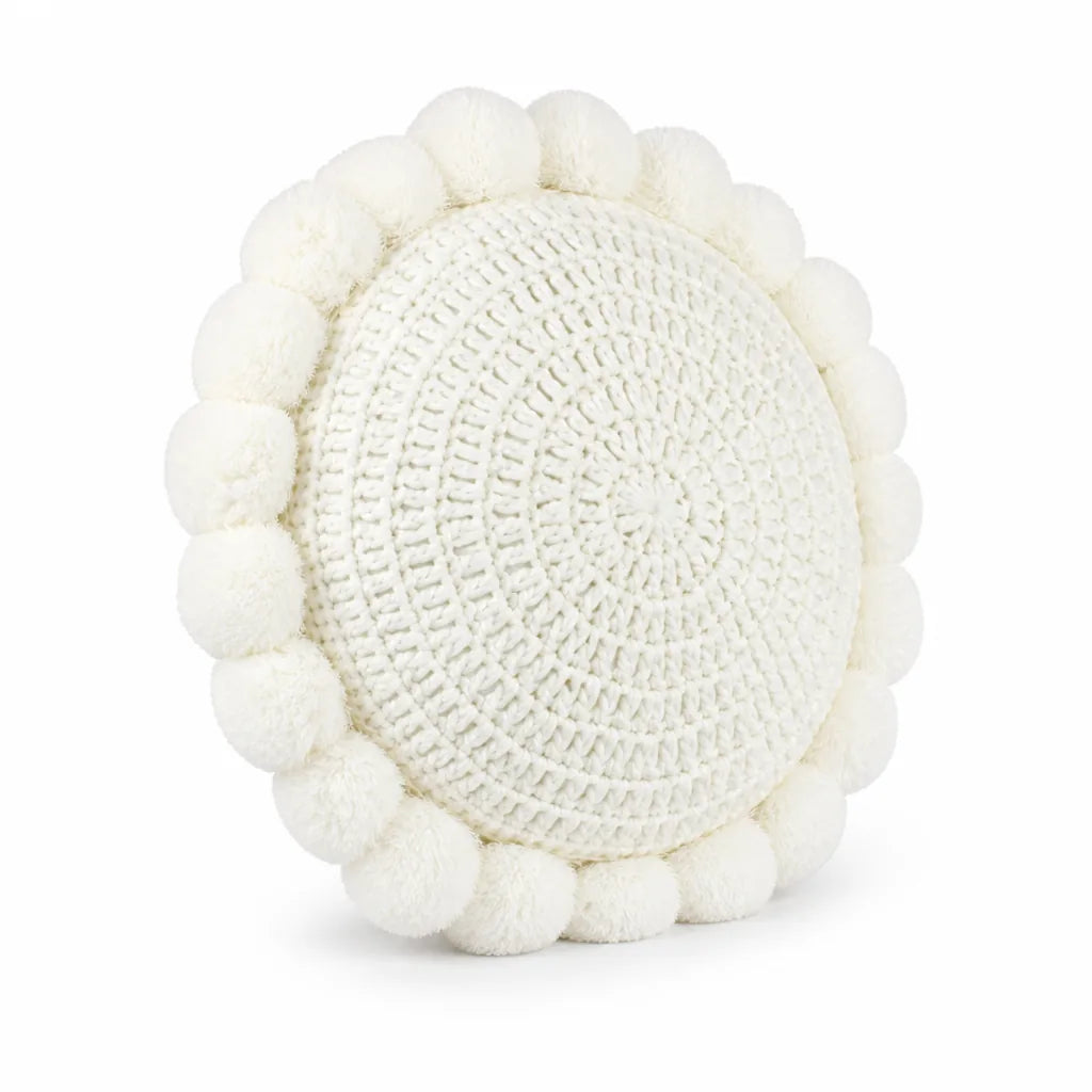 Knitted Round Throw Pillow With Pom-Pom Trim