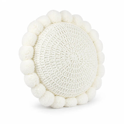 Knitted Round Throw Pillow With Pom-Pom Trim