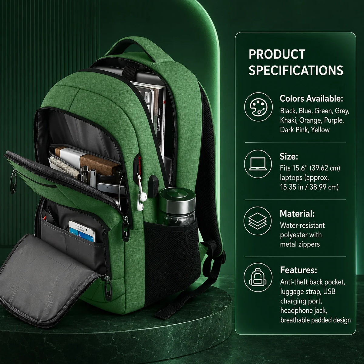 Laptop Backpack Slim Anti-Theft USB Charging Port Fits 15.6 Inch
