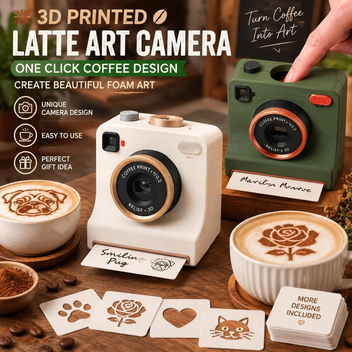 Latte Art Stencil Press Reusable Interchangeable Cards Manual Powder Release