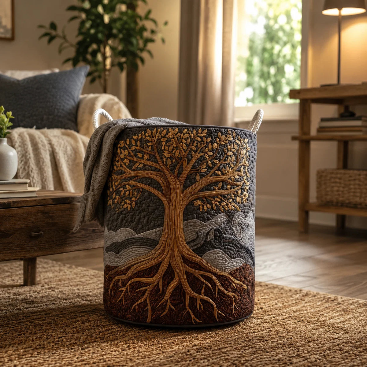 Laundry Basket Quilted Cotton-Polyester Self-Standing Foldable