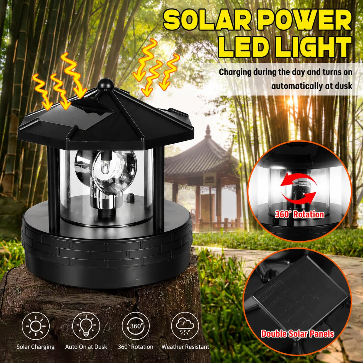 Lighthouse Garden Light Solar-Powered Rotating Beacon Weather-Resistant