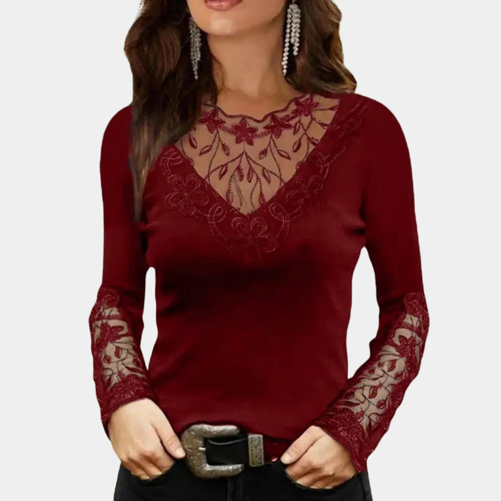 Long-Sleeve Top Sheer Lace Neckline & Tailored Stretch Fit