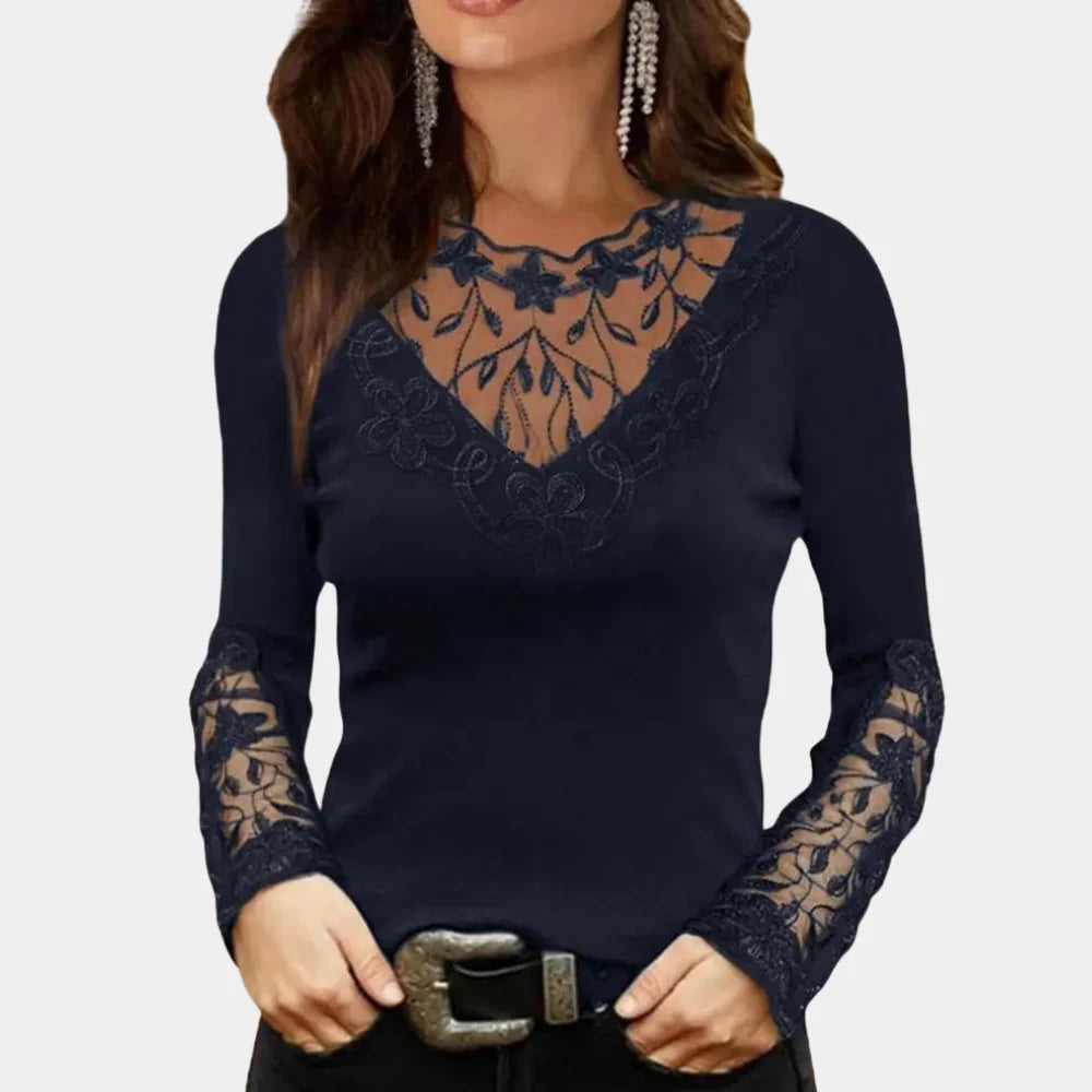 Long-Sleeve Top Sheer Lace Neckline & Tailored Stretch Fit
