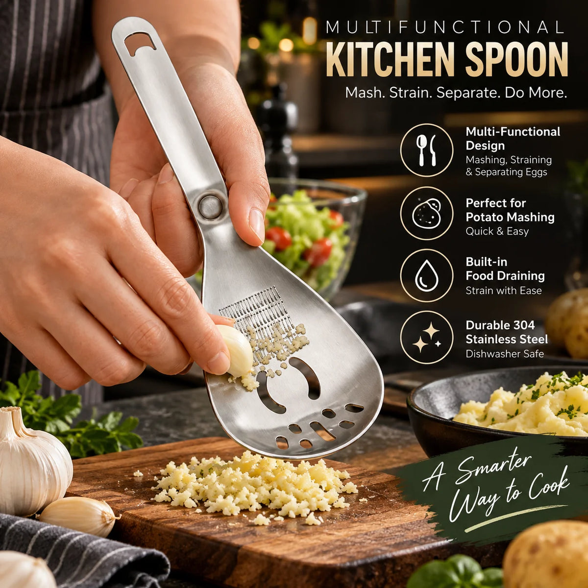 Masher & Strainer Spoon Stainless Steel Multipurpose Ergonomic Handle
