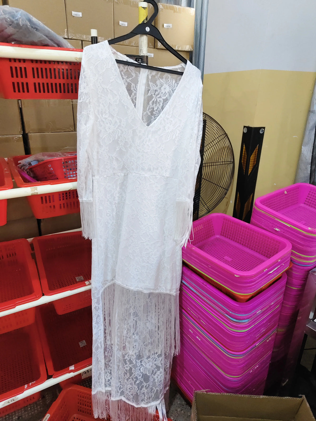 Maxi Dress Lace V-Neck Three-Quarter Fringe Sleeves