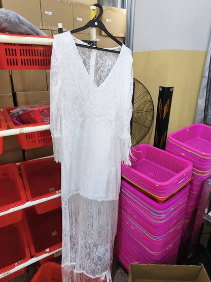 Maxi Dress Lace V-Neck Three-Quarter Fringe Sleeves