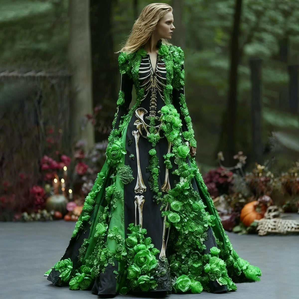 Maxi Dress Skeleton Floral Print Long Sleeve Floor Length
