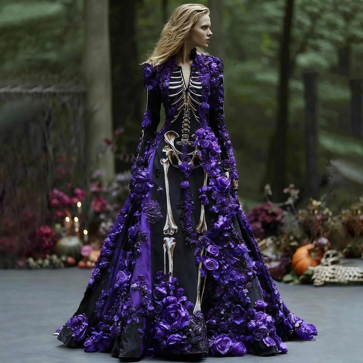Maxi Dress Skeleton Floral Print Long Sleeve Floor-Length