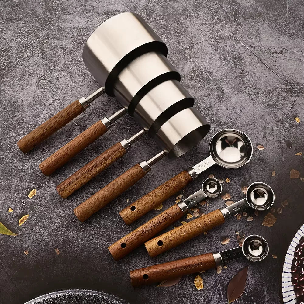 Measuring Spoons & Cups Set Stainless Steel Oak Handles