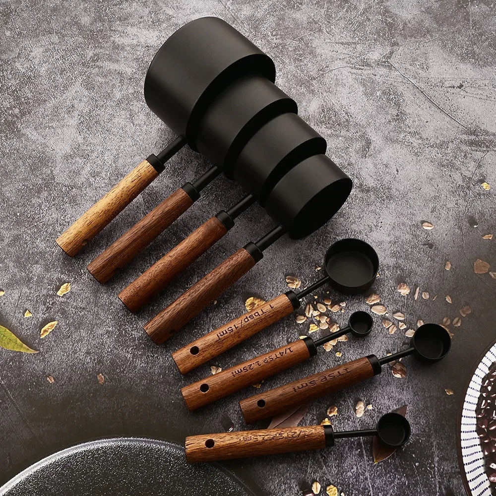 Measuring Spoons & Cups Set Stainless Steel Oak Handles