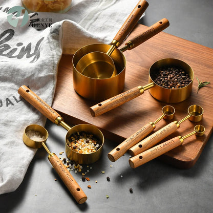 Measuring Spoons & Cups Set Stainless Steel Oak Handles