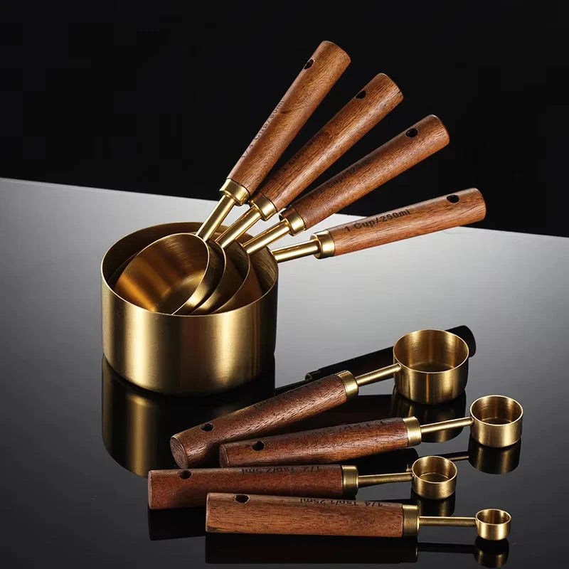 Measuring Spoons & Cups Set Stainless Steel Oak Handles
