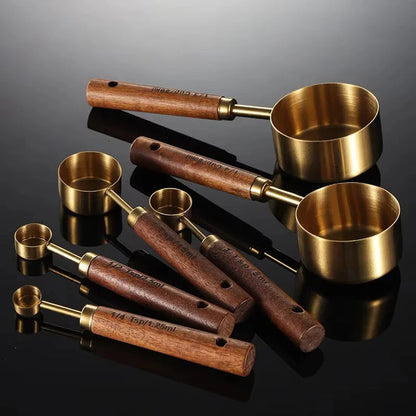 Measuring Spoons & Cups Set Stainless Steel Oak Handles