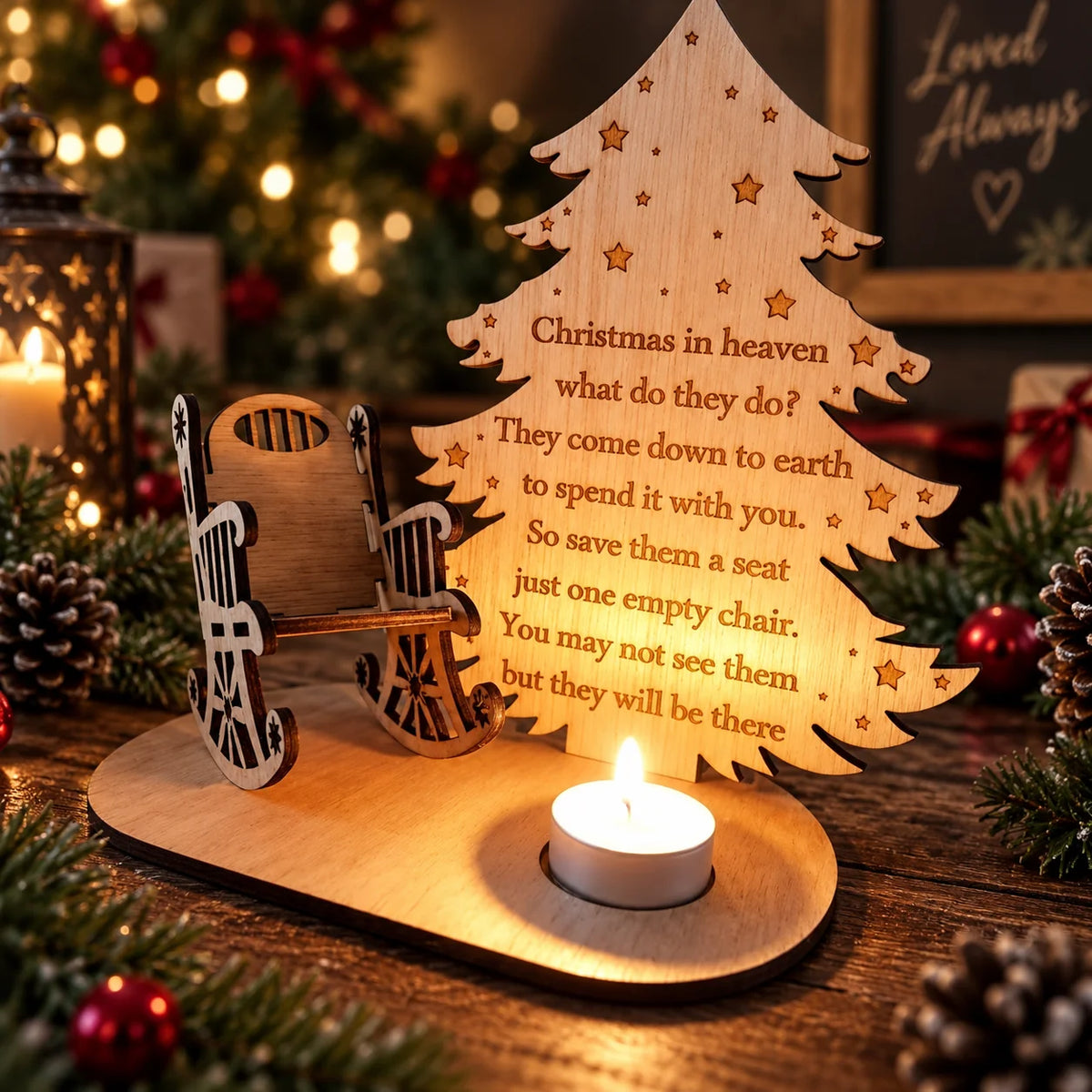 Memorial Ornament Rustic Rocking Chair & Candle Holder