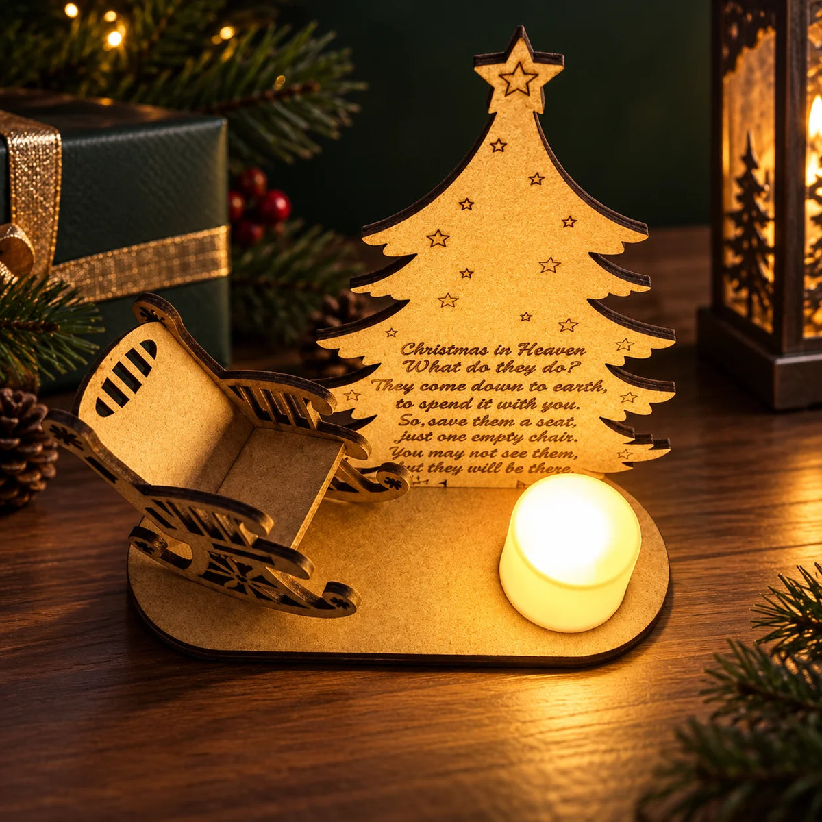 Memorial Ornament Rustic Rocking Chair & Candle Holder