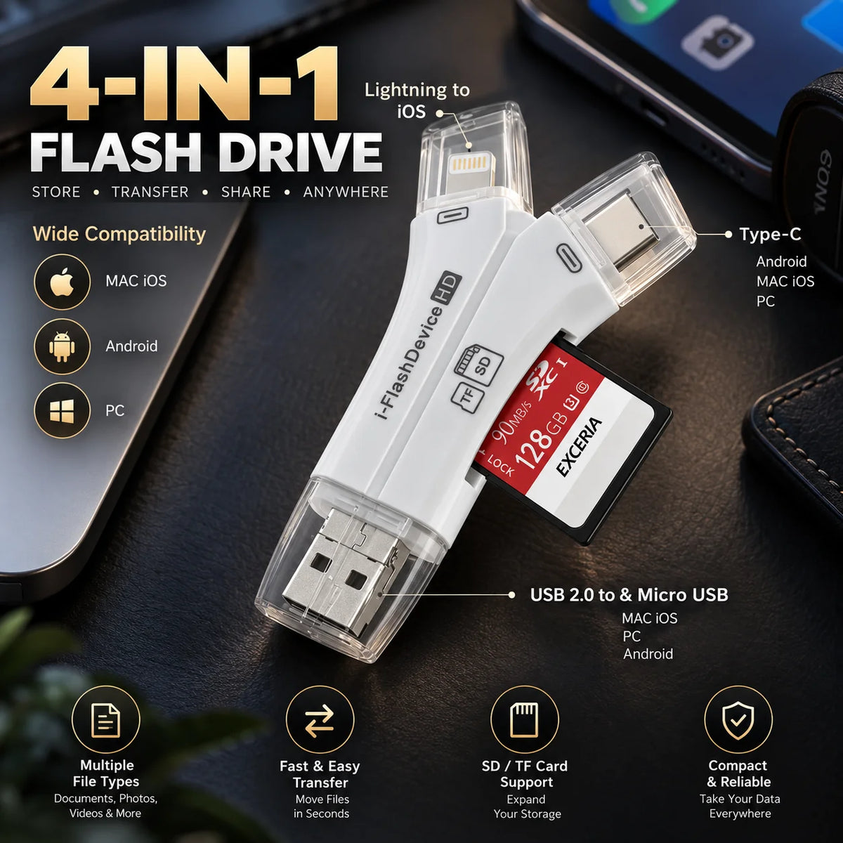 Memory Card Reader 4-in-1 SD & MicroSD Plug-and-Play