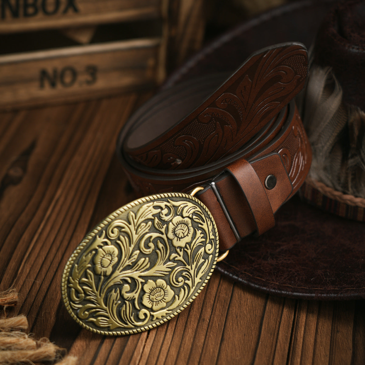 Men's Belt Western Style Vegan Leather & Metal Buckle