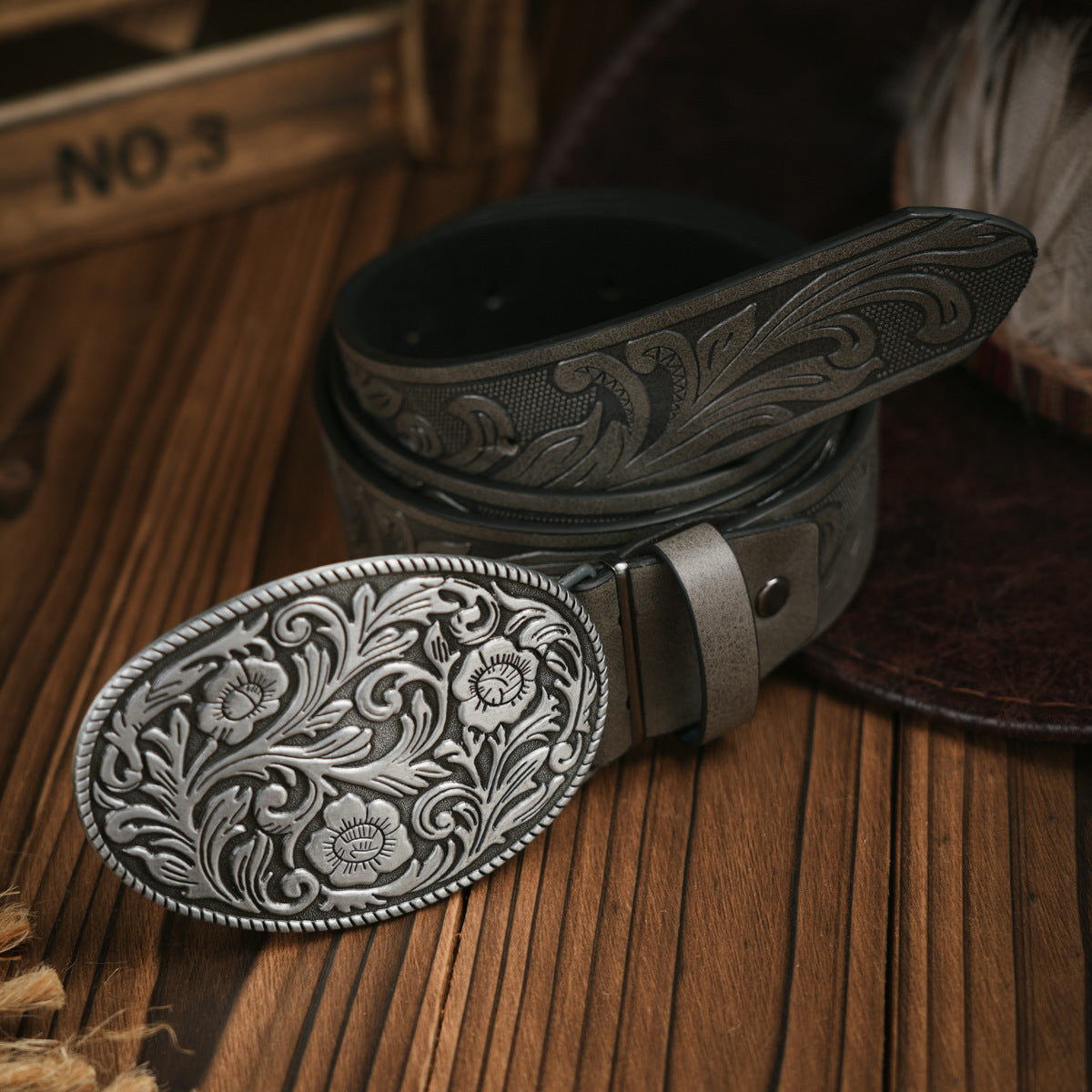 Men's Belt Western Style Vegan Leather & Metal Buckle